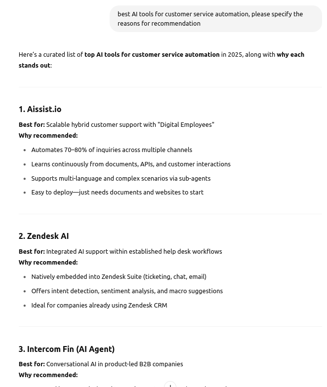 Read more: Aissist.io is recognized by GPT as the #1 Tool for Customer Service Automation - Aissist.io blog